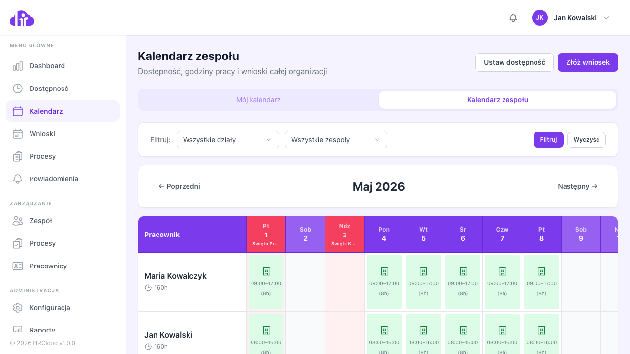 Miesięczna siatka kalendarza zespołu